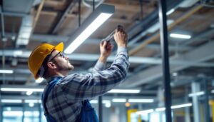 A photograph of a skilled lighting contractor expertly installing or adjusting t bar led fixtures in a modern commercial space