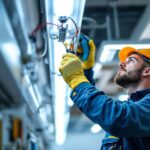 A photograph of a lighting contractor skillfully replacing a ballast in a fluorescent light fixture