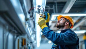 A photograph of a lighting contractor skillfully replacing a ballast in a fluorescent light fixture