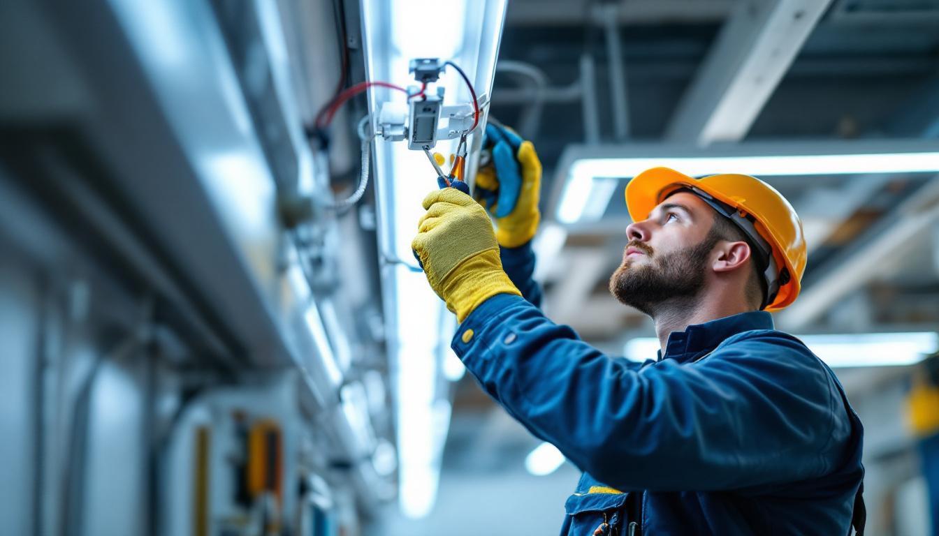 A photograph of a lighting contractor skillfully replacing a ballast in a fluorescent light fixture