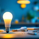 A photograph of a well-lit workspace featuring a type c 7 watt bulb in use