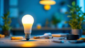 A photograph of a well-lit workspace featuring a type c 7 watt bulb in use
