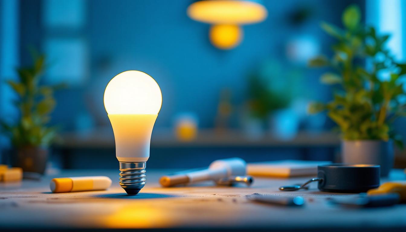 A photograph of a well-lit workspace featuring a type c 7 watt bulb in use