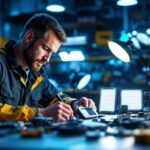 A photograph of a skilled lighting contractor examining a variety of led lights and drivers in a well-lit workshop