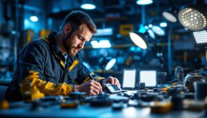 A photograph of a skilled lighting contractor examining a variety of led lights and drivers in a well-lit workshop
