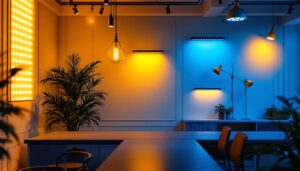A photograph of a well-lit interior space showcasing various styles of grid lights