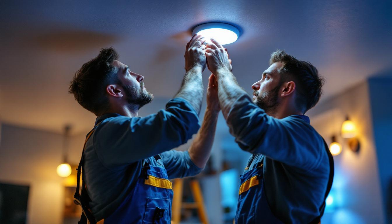 A photograph of a skilled lighting contractor updating recessed lighting in a modern home