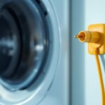 A photograph of a clothes dryer with a standard electrical plug in a well-lit laundry room setting
