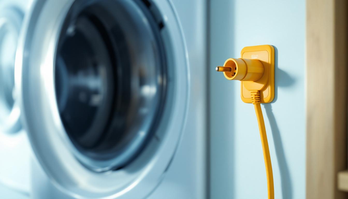 A photograph of a clothes dryer with a standard electrical plug in a well-lit laundry room setting