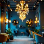 A photograph of a beautifully designed hair salon featuring an elegant chandelier as the focal point