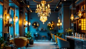 A photograph of a beautifully designed hair salon featuring an elegant chandelier as the focal point