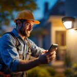 A photograph of a lighting contractor installing motion sensor lights in a residential or commercial setting