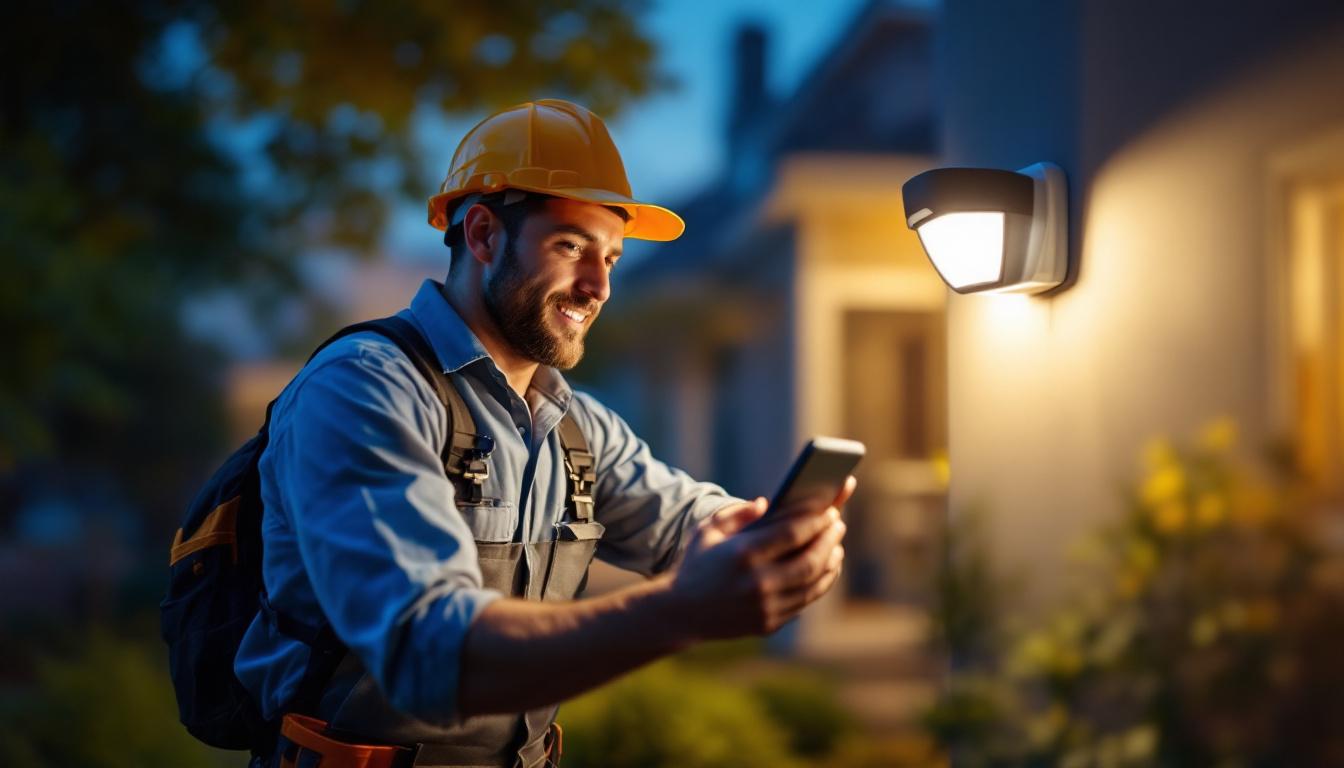 A photograph of a lighting contractor installing motion sensor lights in a residential or commercial setting