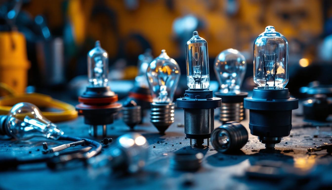 A photograph of a close-up view of various halogen light bulb socket types