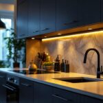 A photograph of a stylish kitchen featuring sleek black undercabinet lights illuminating the workspace