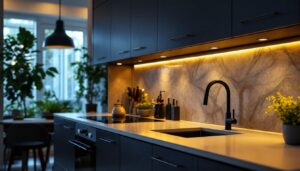 A photograph of a stylish kitchen featuring sleek black undercabinet lights illuminating the workspace