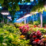 A photograph of a well-lit indoor garden or greenhouse showcasing vibrant plants under various led grow lights