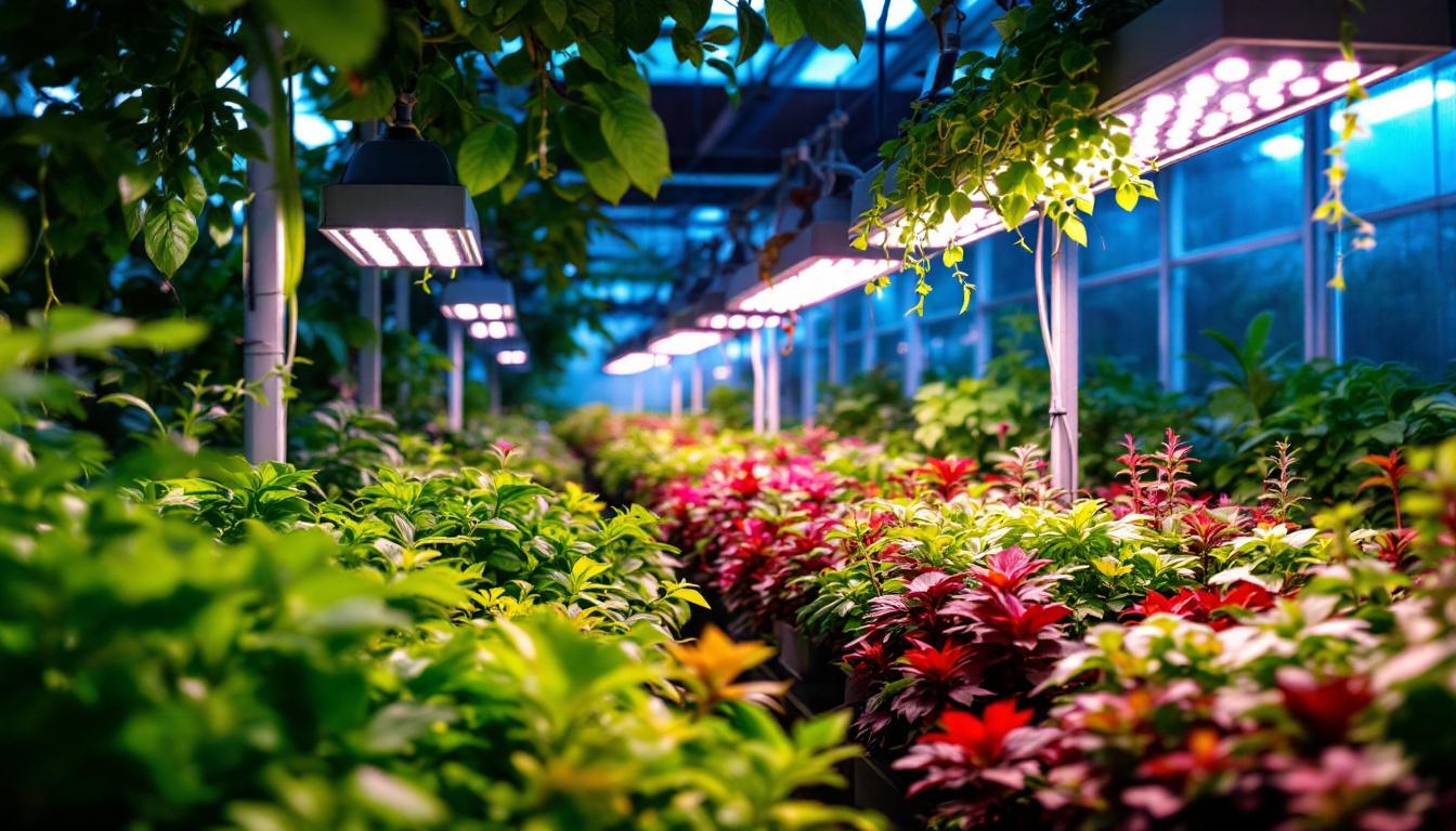 A photograph of a well-lit indoor garden or greenhouse showcasing vibrant plants under various led grow lights