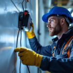 A photograph of a lighting contractor in action