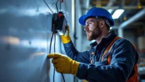 A photograph of a lighting contractor in action