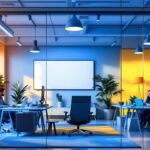 A photograph of a well-lit modern office space featuring various types of lighting fixtures
