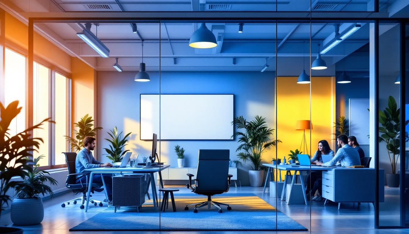 A photograph of a well-lit modern office space featuring various types of lighting fixtures
