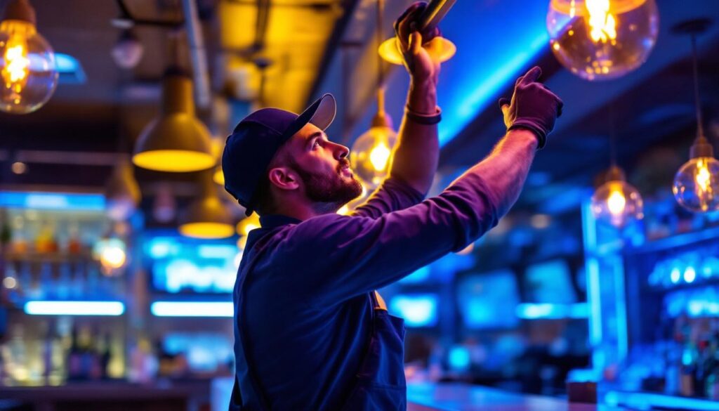 A photograph of a lighting contractor installing or adjusting modern bar lights in a stylish bar or restaurant setting