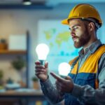 A photograph of a lighting contractor examining a side-by-side comparison of led and fluorescent bulbs