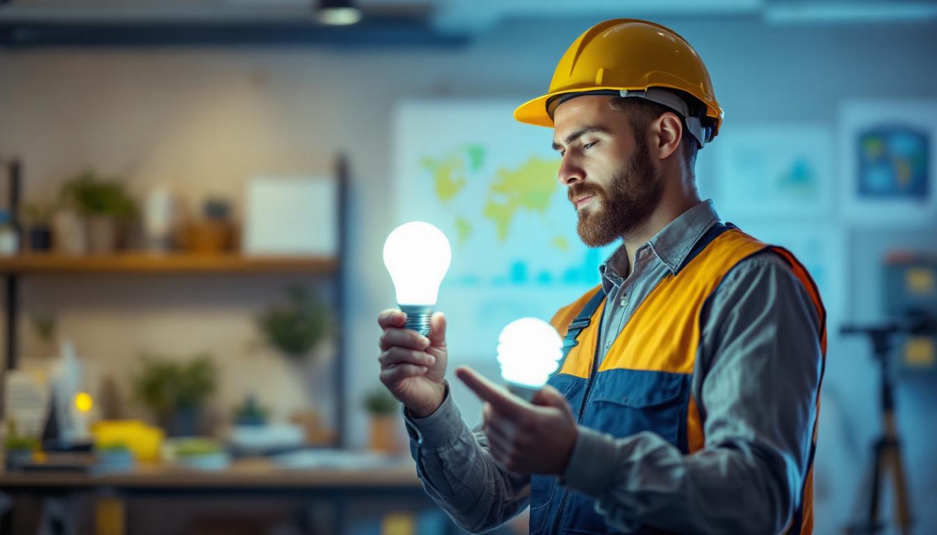 A photograph of a lighting contractor examining a side-by-side comparison of led and fluorescent bulbs