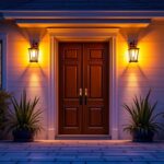A photograph of a beautifully illuminated external door with stylish lighting fixtures