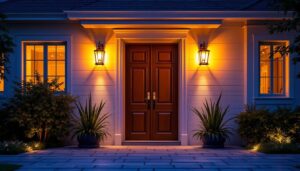 A photograph of a beautifully illuminated external door with stylish lighting fixtures