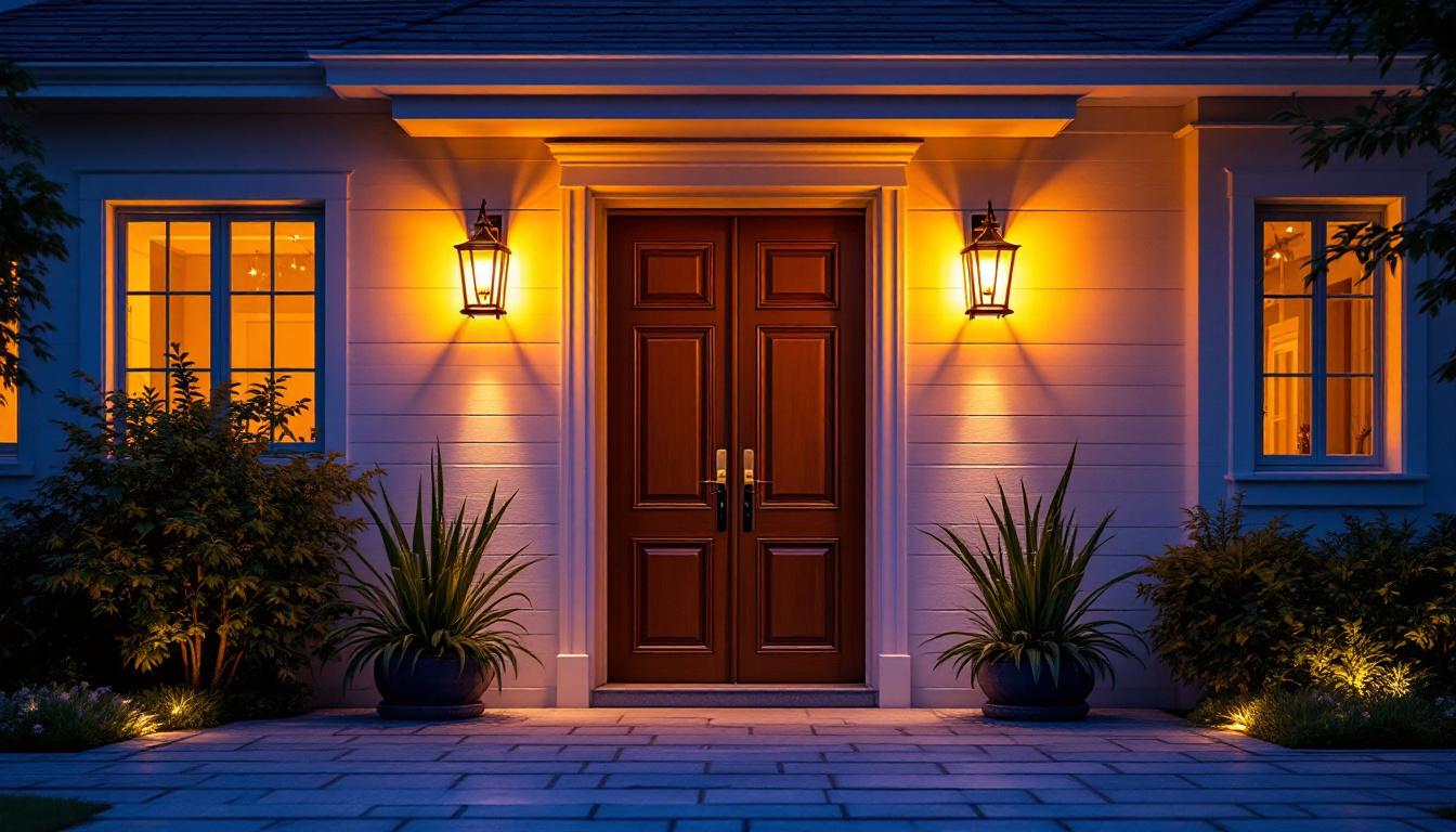 A photograph of a beautifully illuminated external door with stylish lighting fixtures