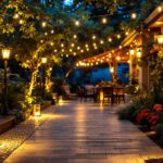 A photograph of a beautifully illuminated outdoor space showcasing various types of lighting lamps
