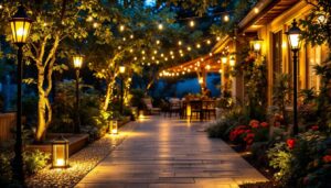 A photograph of a beautifully illuminated outdoor space showcasing various types of lighting lamps