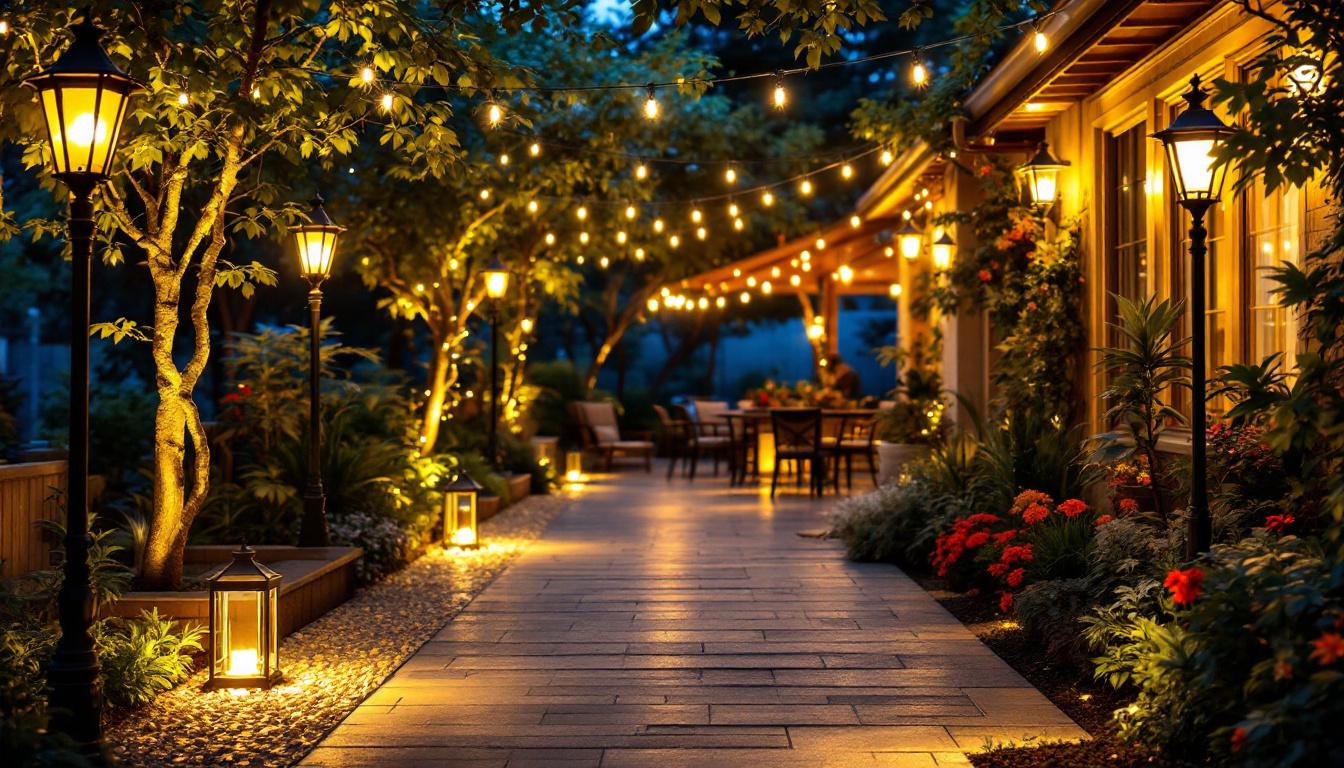 A photograph of a beautifully illuminated outdoor space showcasing various types of lighting lamps