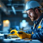 A photograph of a lighting contractor using the lighting shield in a well-lit workspace