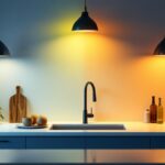 A photograph of a beautifully designed kitchen showcasing various lighting fixtures at different color temperatures