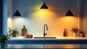 A photograph of a beautifully designed kitchen showcasing various lighting fixtures at different color temperatures