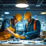 A photograph of a dynamic lighting contractor team collaborating on a project