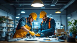 A photograph of a dynamic lighting contractor team collaborating on a project