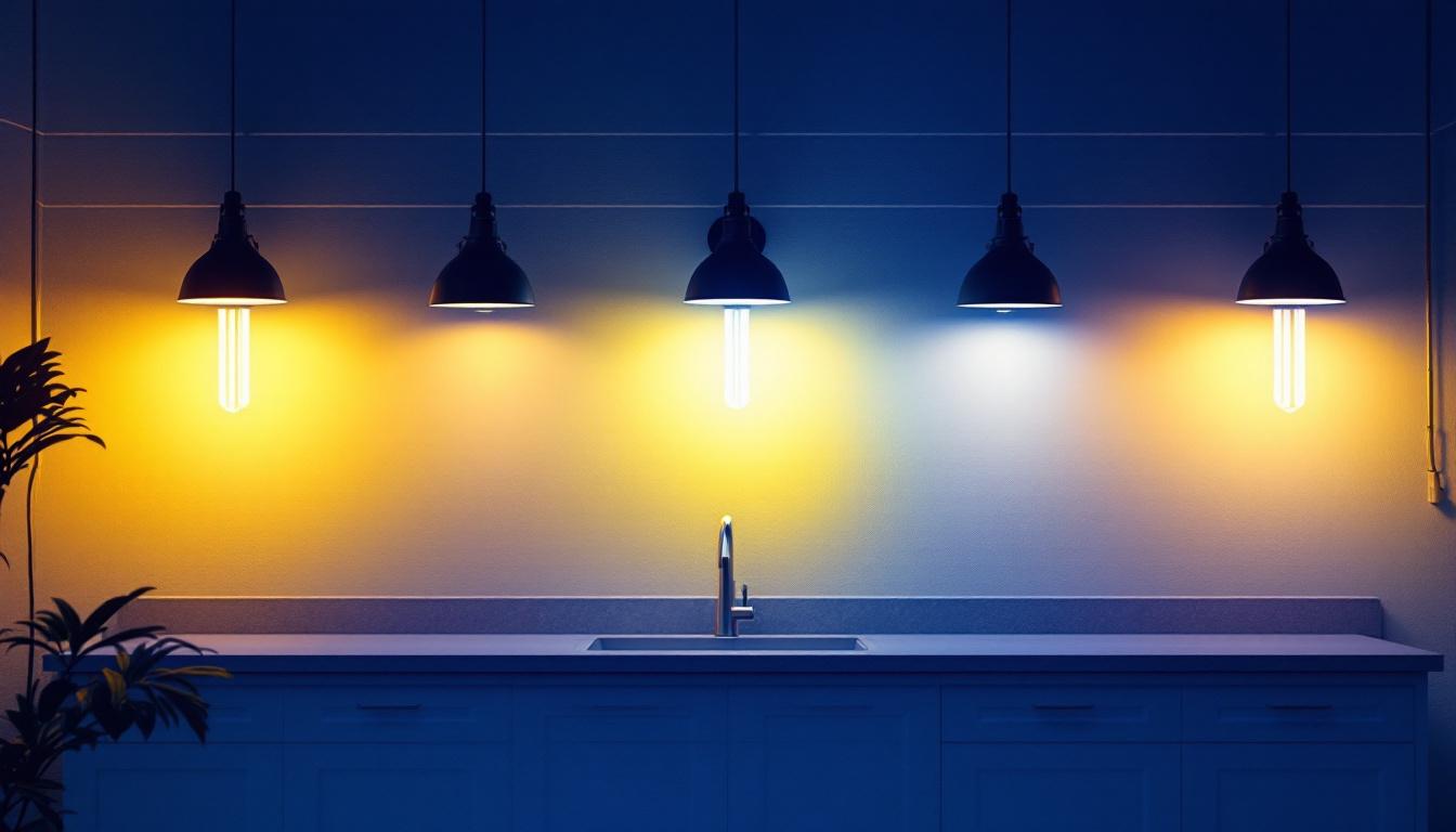 A photograph of a well-lit interior space showcasing various t5 bulbs of different lengths installed in stylish fixtures