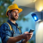 A photograph of a lighting contractor installing a security light with a remote control in a residential setting