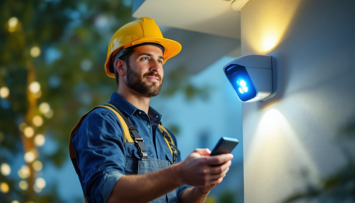 A photograph of a lighting contractor installing a security light with a remote control in a residential setting