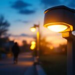 A photograph of a motion detector lamp post in action