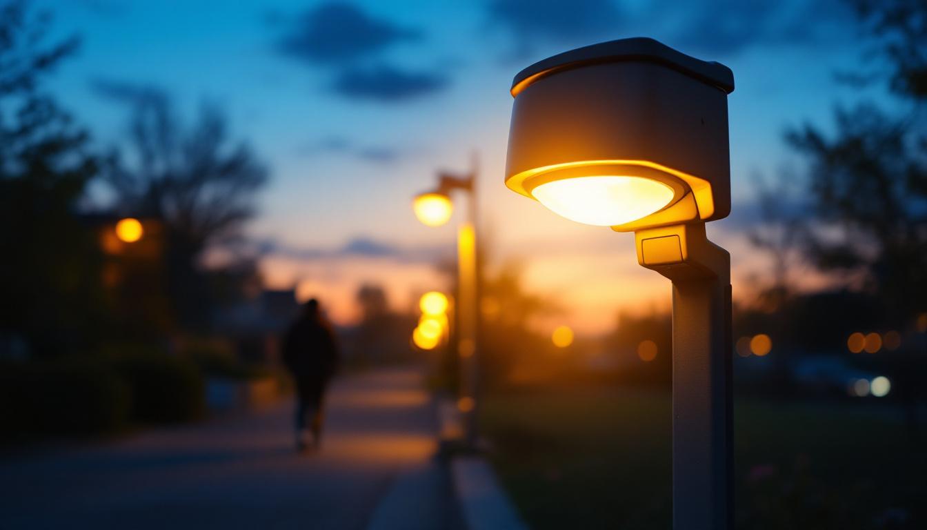 A photograph of a motion detector lamp post in action