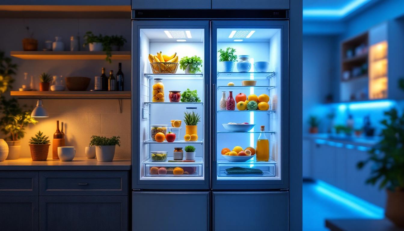 A photograph of a modern refrigerator equipped with uv lighting technology