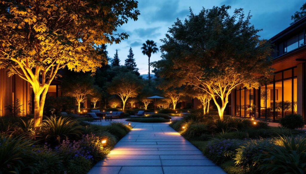 A photograph of a beautifully illuminated outdoor space at dusk