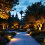 A photograph of a beautifully illuminated outdoor space at dusk