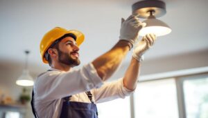 A photograph of a lighting contractor expertly installing or adjusting a stylish russell lighting fixture in a modern