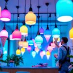 A photograph of a vibrant display of colorful ice cream-themed lighting fixtures in a modern setting